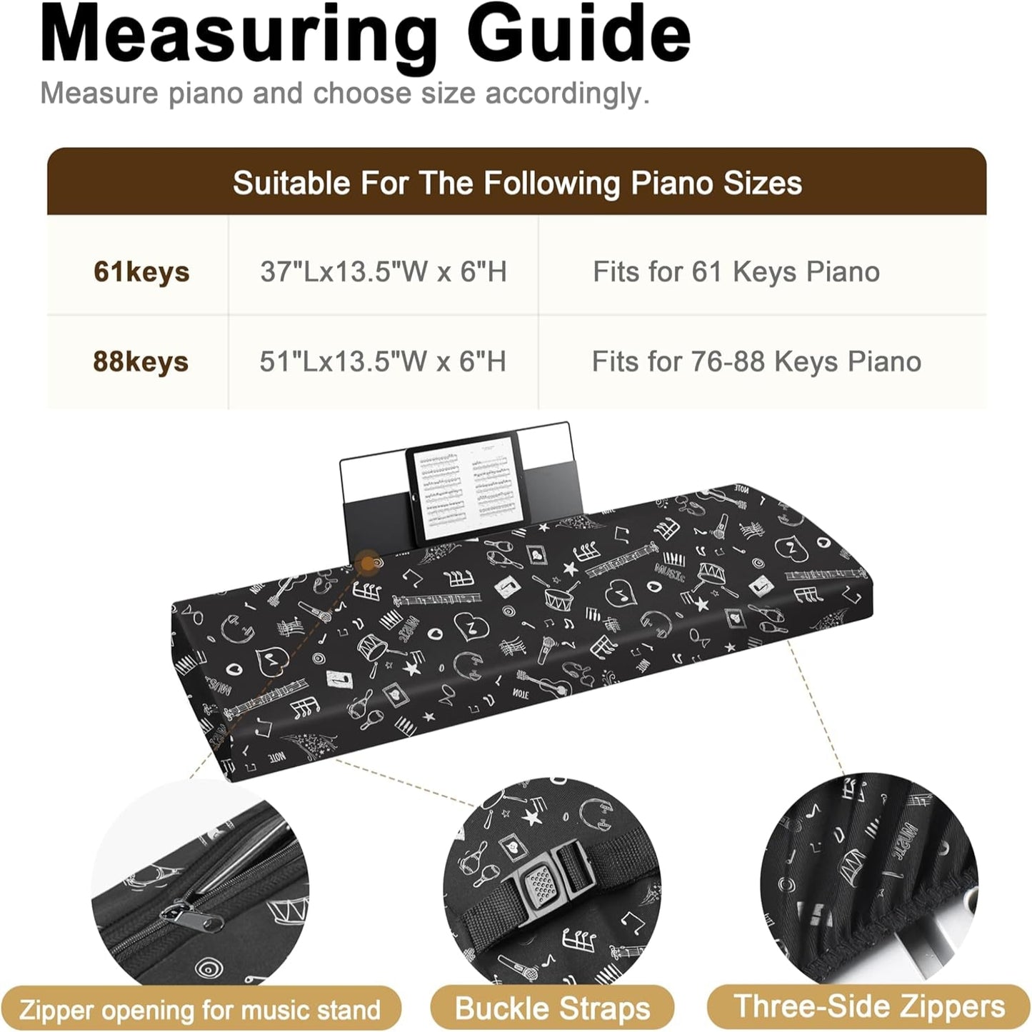 Piano Keyboard Dust Cover - Dirt Proof Stretchy Digital Piano Cover with Music Stand Opening(61Keys，Music Symbols)