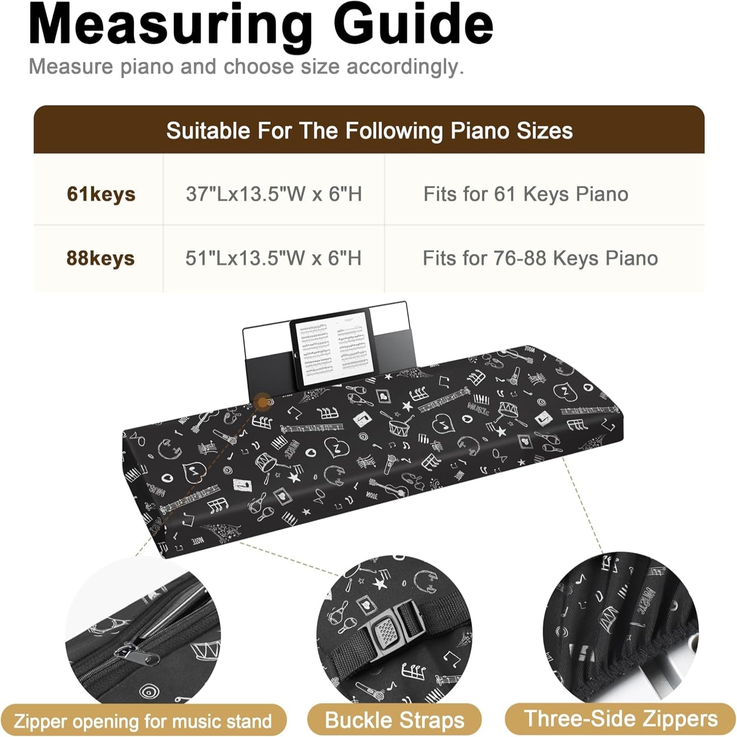 Piano Keyboard Dust Cover - Dirt Proof Stretchy Digital Piano Cover with Music Stand Opening(61Keys，Music Symbols)