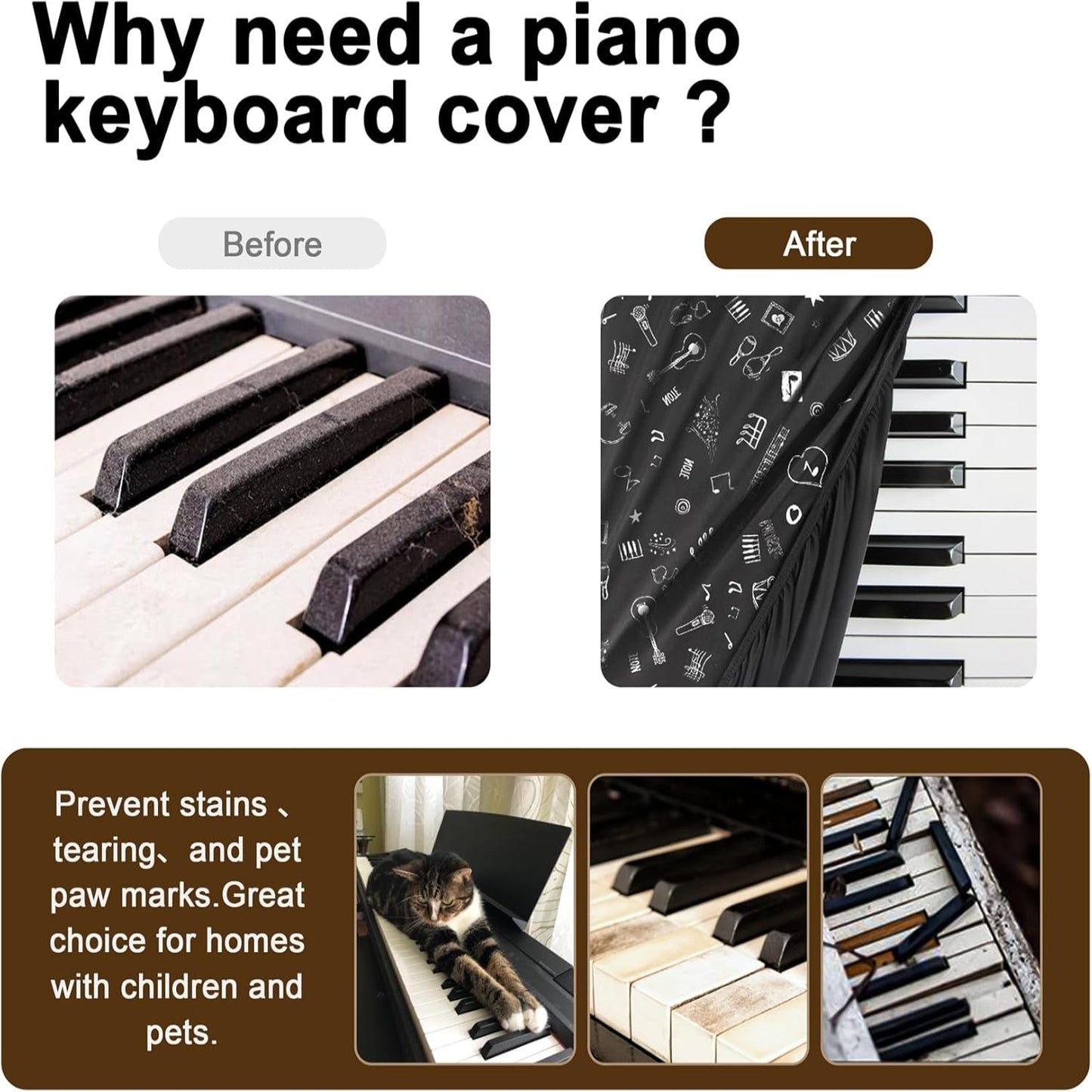 Piano Keyboard Dust Cover - Dirt Proof Stretchy Digital Piano Cover with Music Stand Opening(61Keys，Music Symbols)
