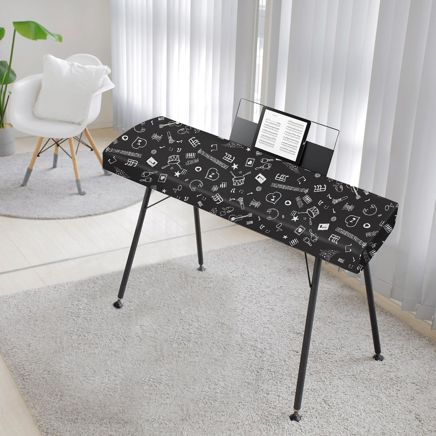 Piano Keyboard Dust Cover - Dirt Proof Stretchy Digital Piano Cover with Music Stand Opening(61Keys，Music Symbols)