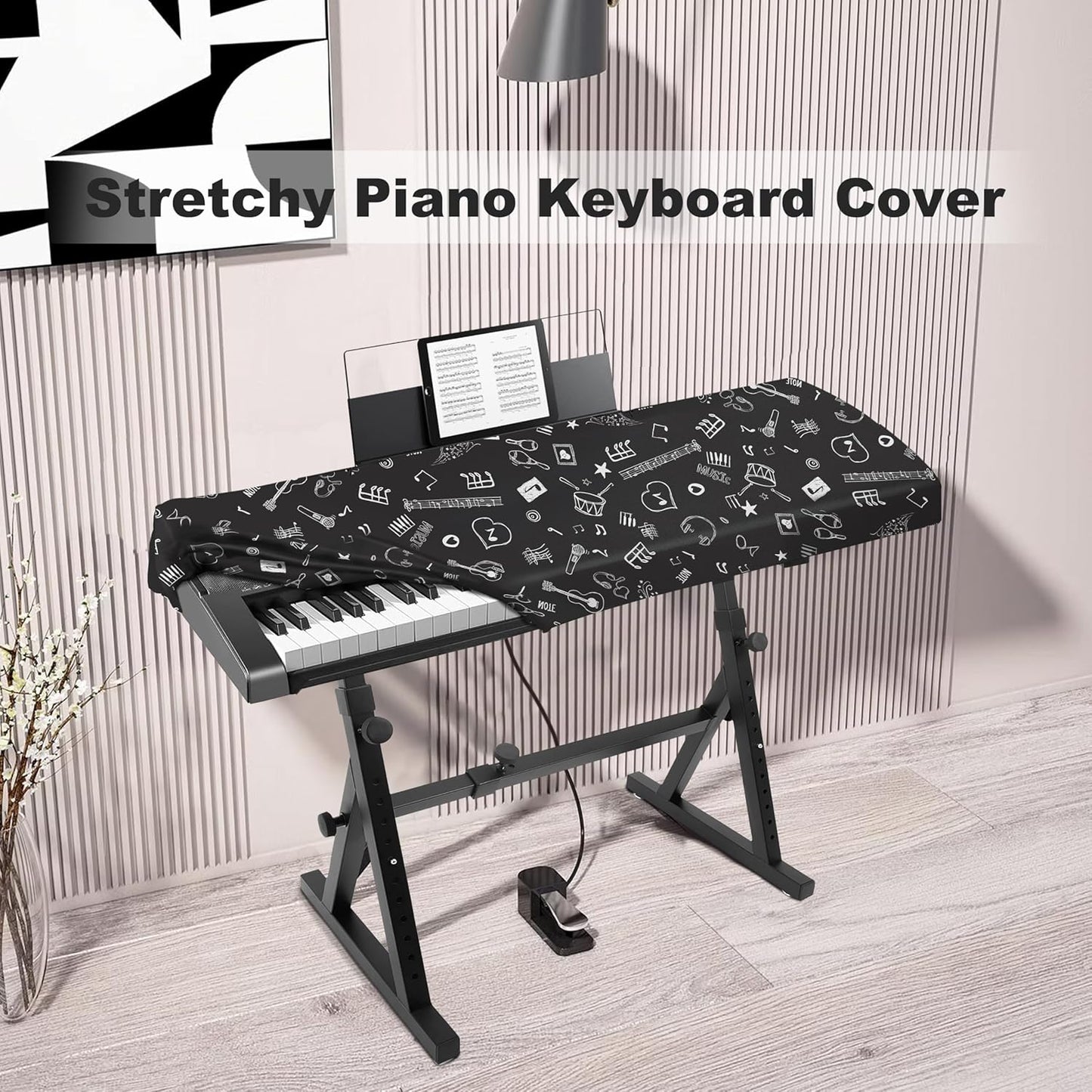 Piano Keyboard Dust Cover - Dirt Proof Stretchy Digital Piano Cover with Music Stand Opening(61Keys，Music Symbols)